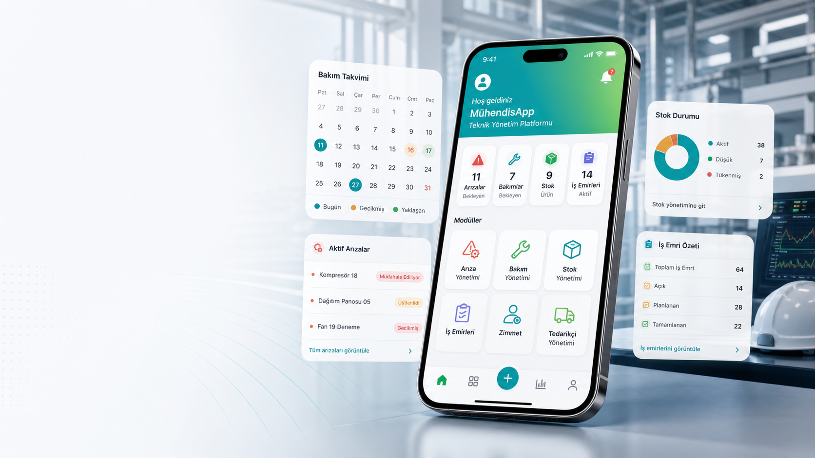 MühendisAPP saha ekibi QR tarama planlı bakım aktif arıza ve stok durumu görseli