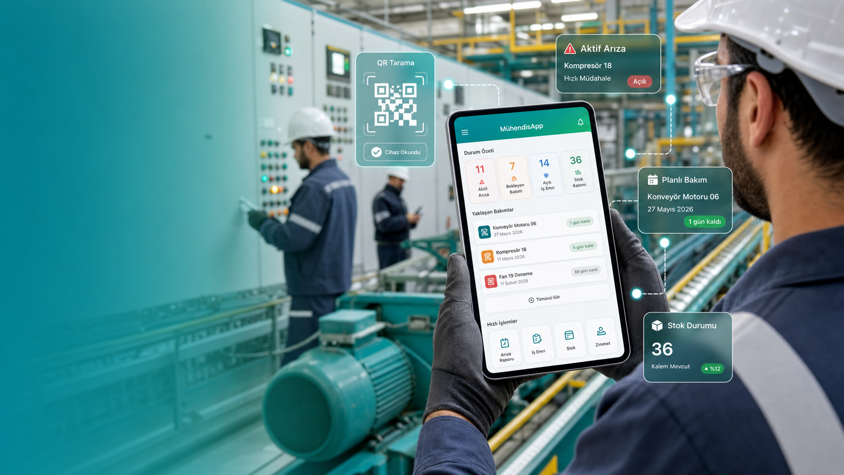 Fabrika ortamında MühendisAPP mobil bakım arıza iş emri ve stok yönetimi kullanımı