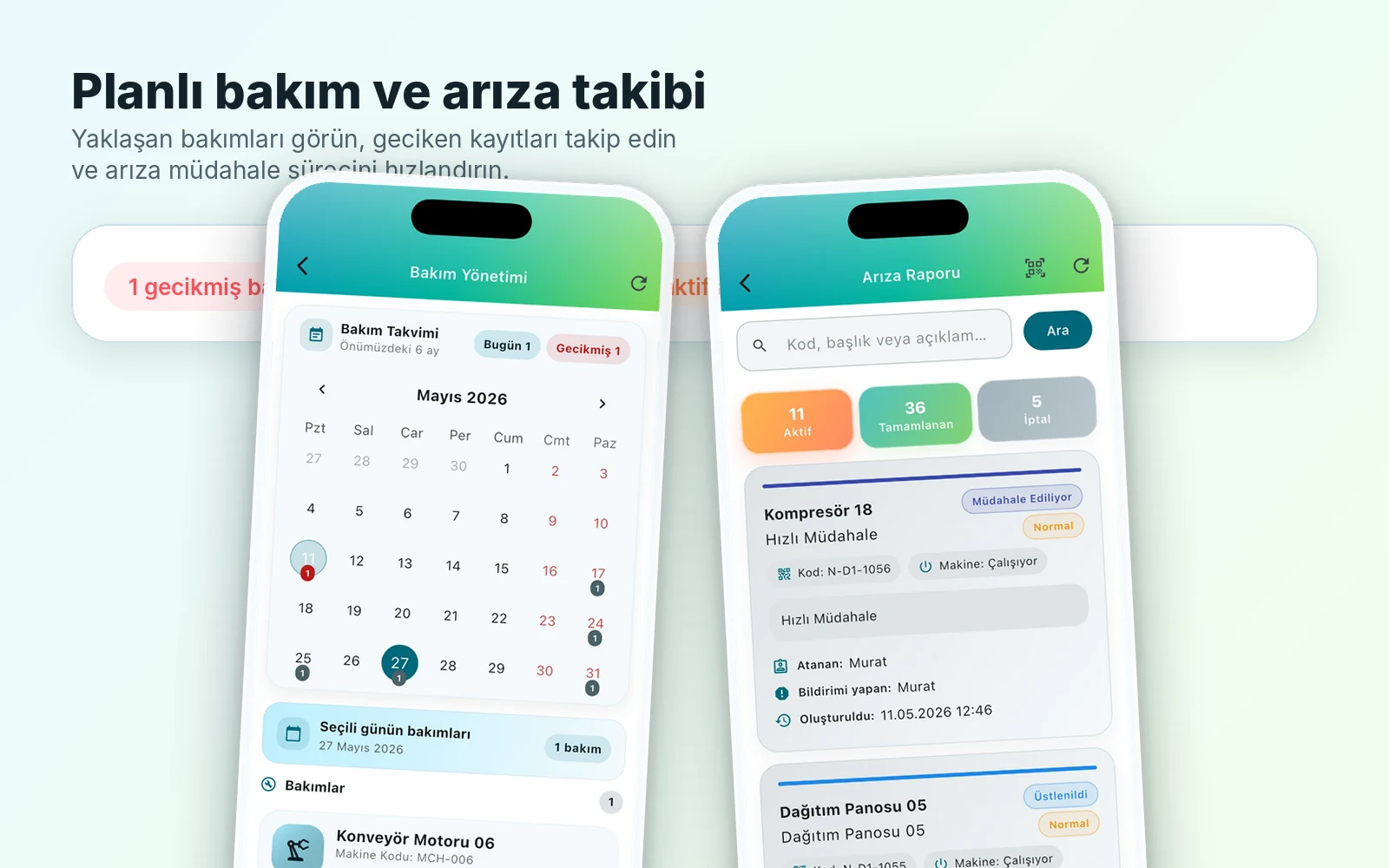 Hizmetler ve Özellikler | MühendisAPP MühendisAPP planlı bakım takvimi ve arıza raporu ekranları ile bakım süreç takibi