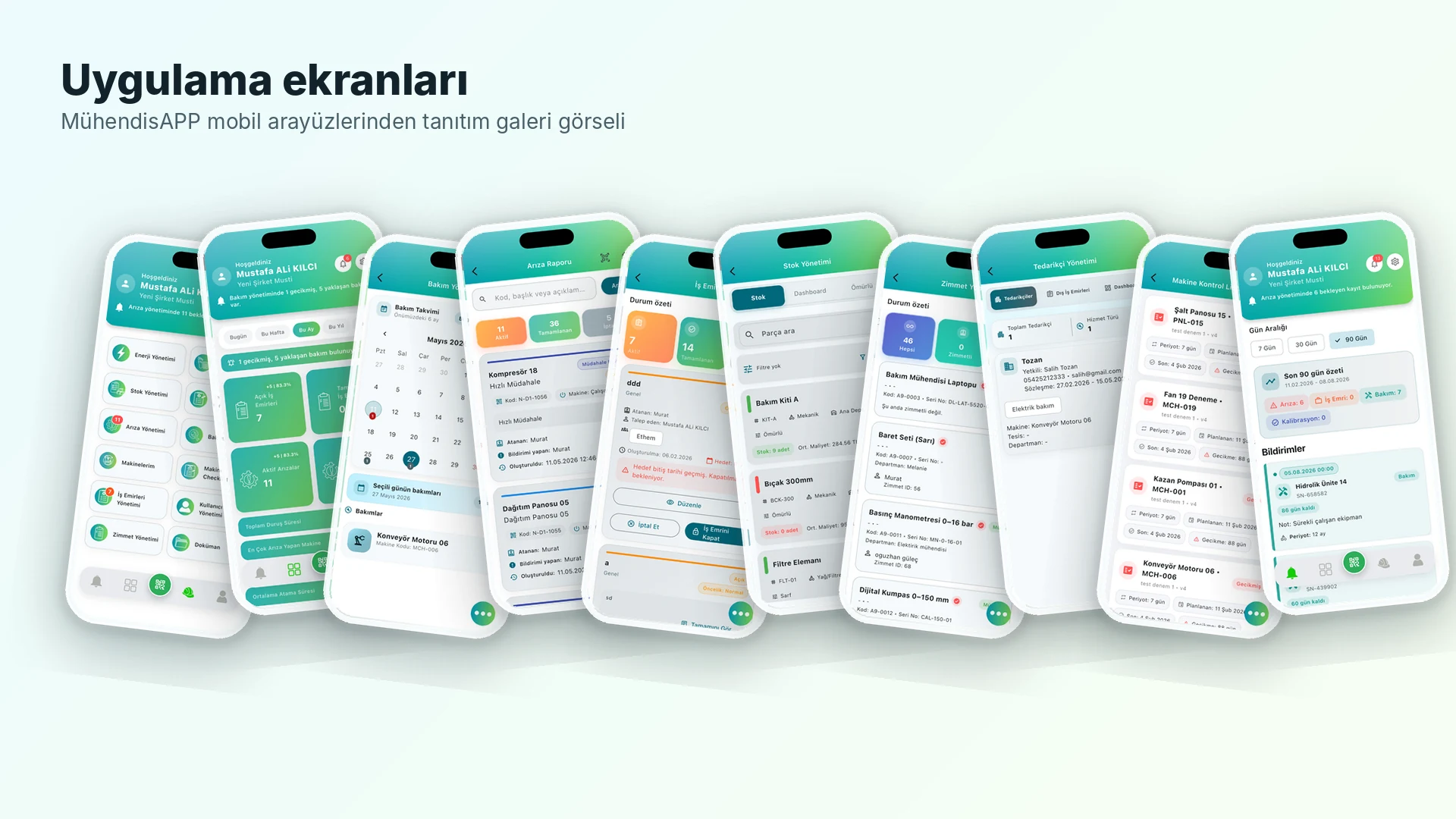 MühendisAPP mobil uygulama ekranları bakım arıza stok iş emri zimmet tedarikçi galerisi
