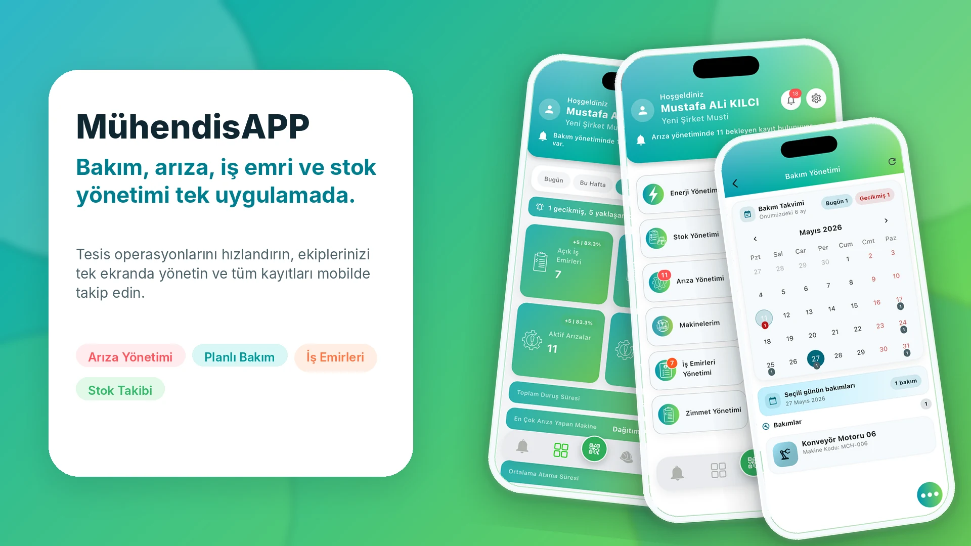 MühendisAPP bakım arıza iş emri ve stok yönetimi mobil uygulama ana ekran tanıtım görseli